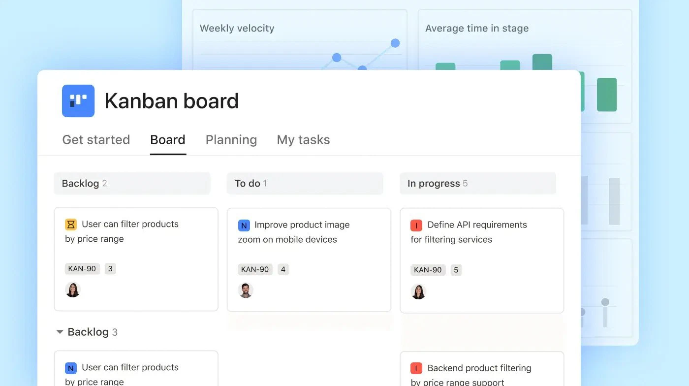 Kanbanbord in Asana: taken in Backlog, To do en In progress