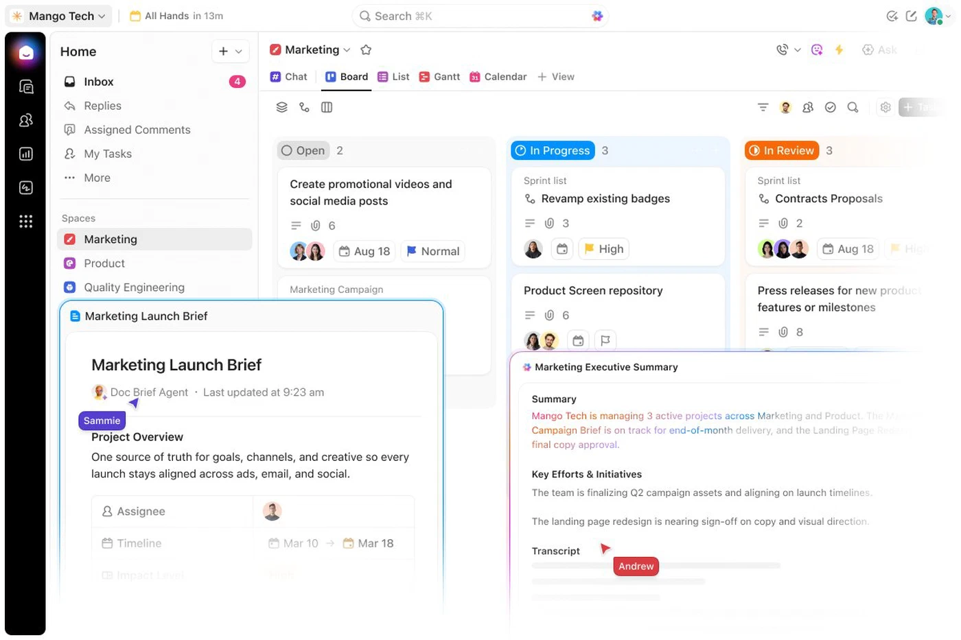 Kanbanbord in ClickUp: taken per status in een marketingproject, met een projectbriefing ernaast