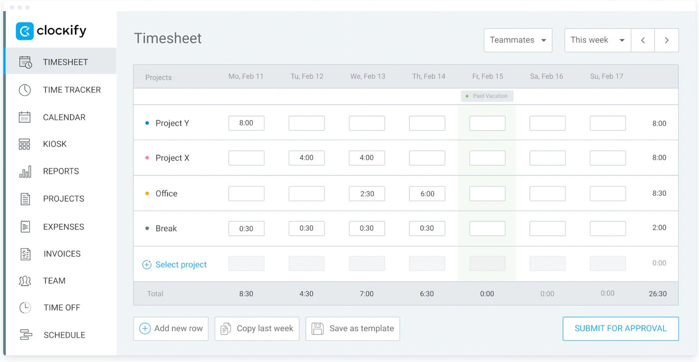 The Clockify weekly timesheet: hours per project per day of the week, ready to submit for approval