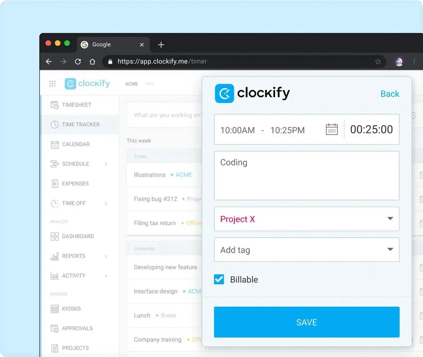 Timer in de webapp van Clockify: tijd, omschrijving en project van een registratie