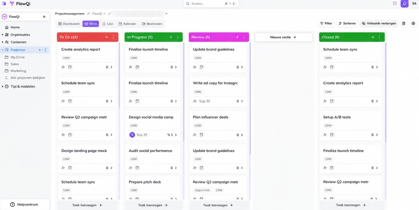 Bordweergave in FlowQi: taken per status in een project, met dashboard, lijst, kalender en bestanden als andere weergaven