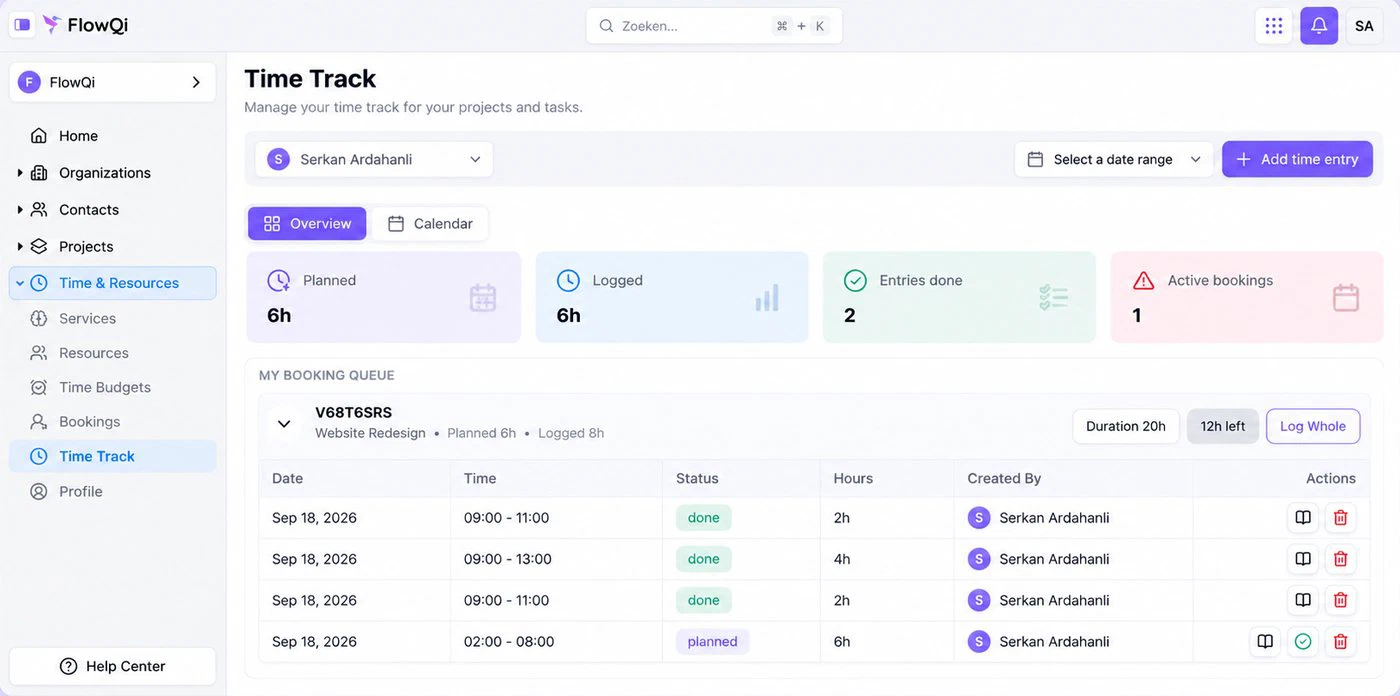 Time Track in FlowQi: planned against logged hours, the booking queue for a project, and the time entries behind them