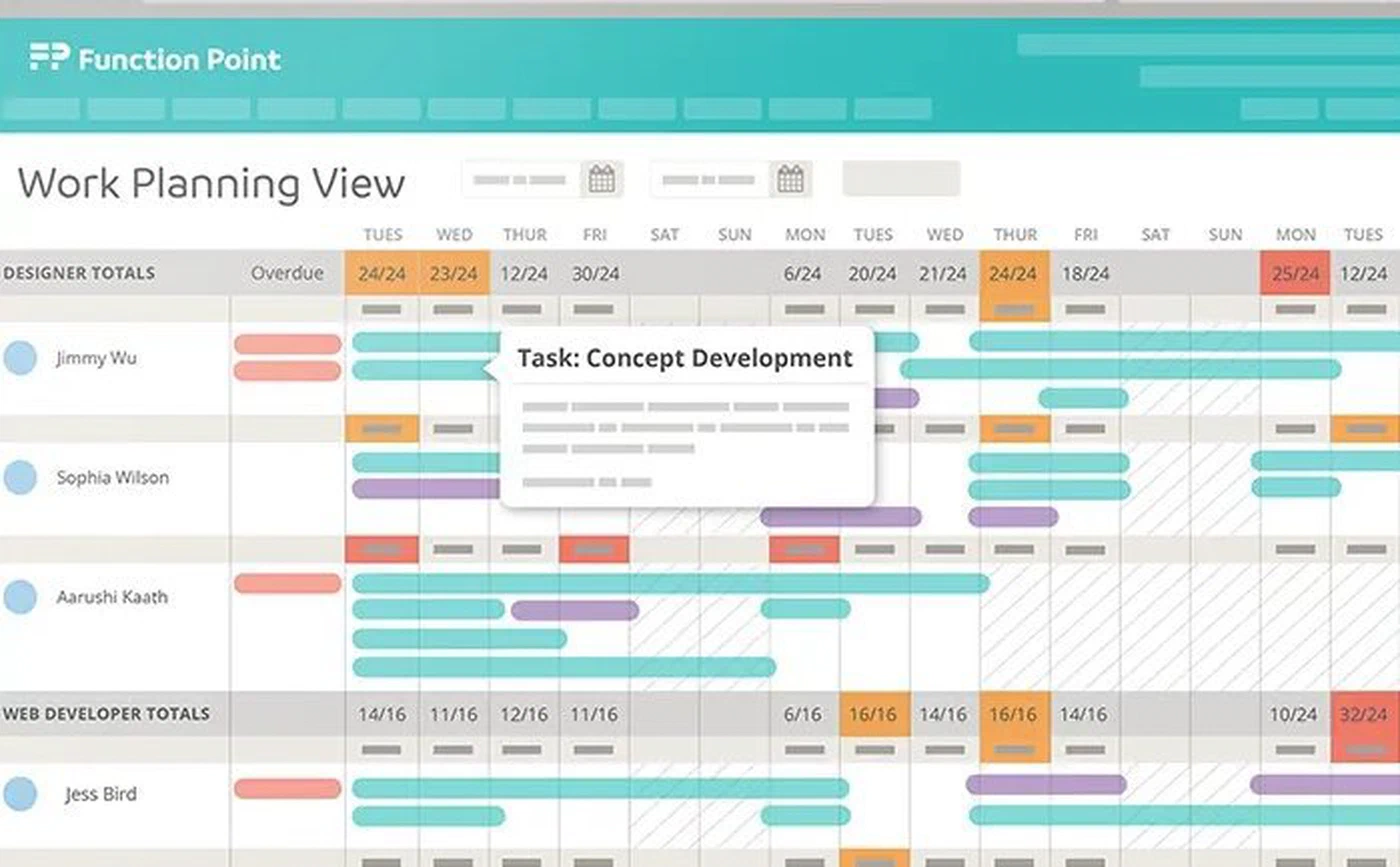 Work planning view in Function Point: planned work per designer per day across a week