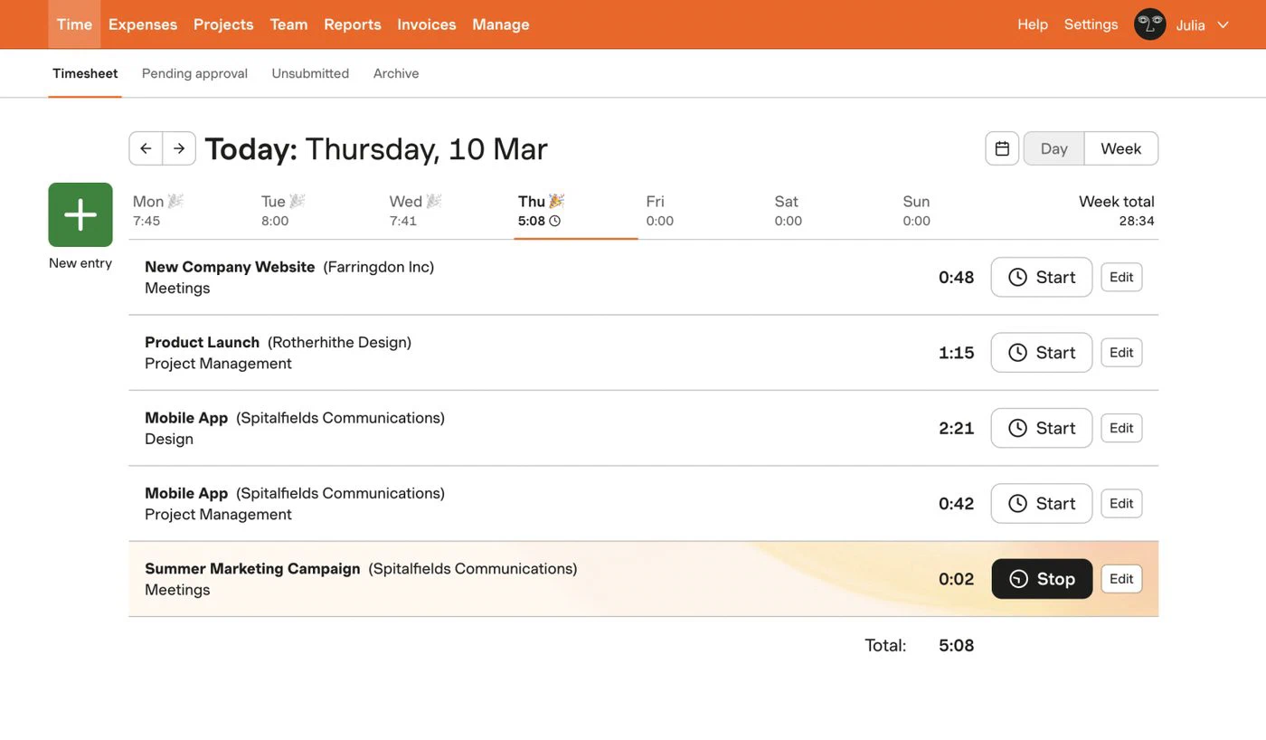 The Harvest timesheet for one day: entries per client and project, with a timer running on the last one