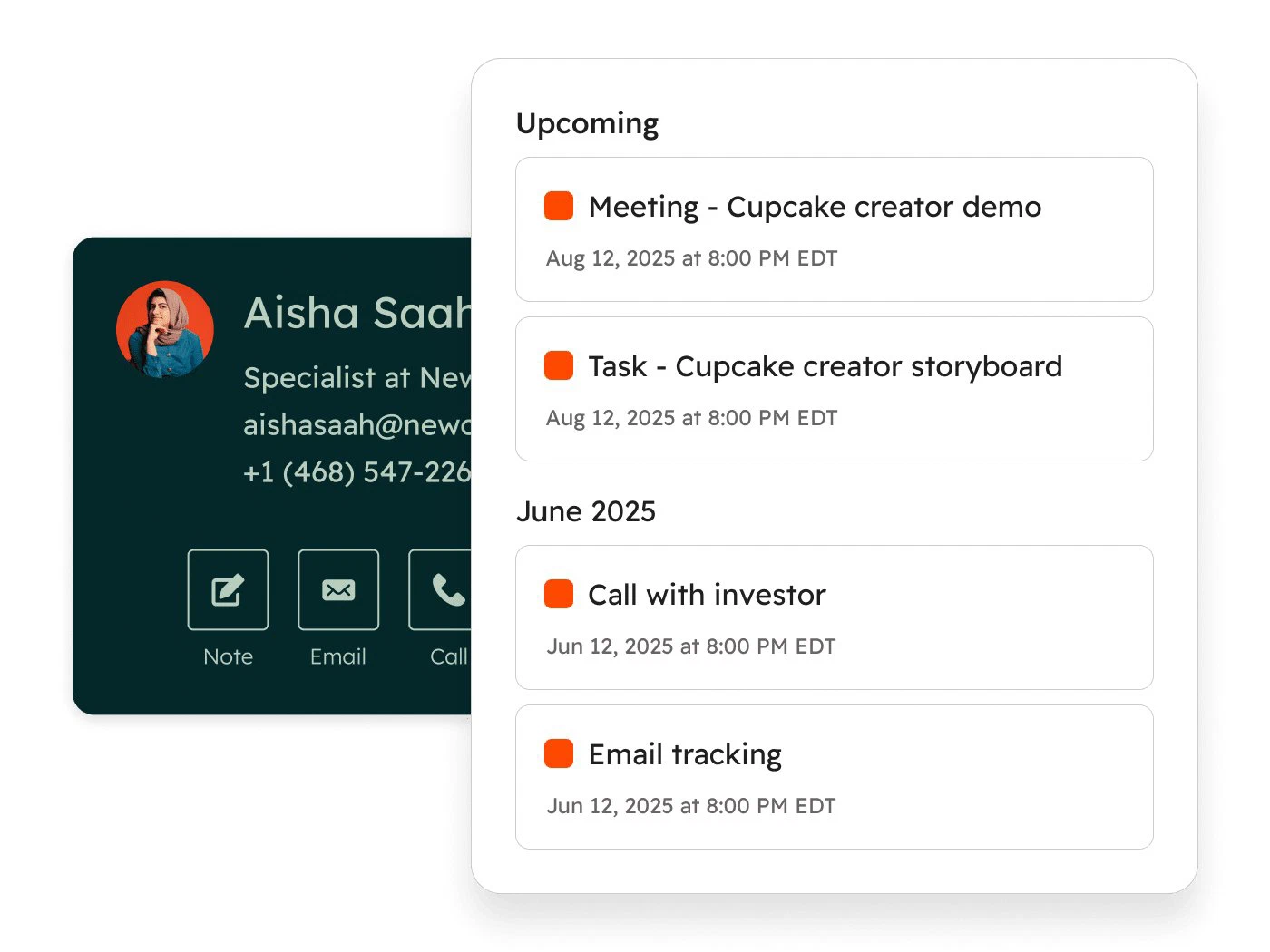 A HubSpot CRM contact record: activity timeline, deals and company details