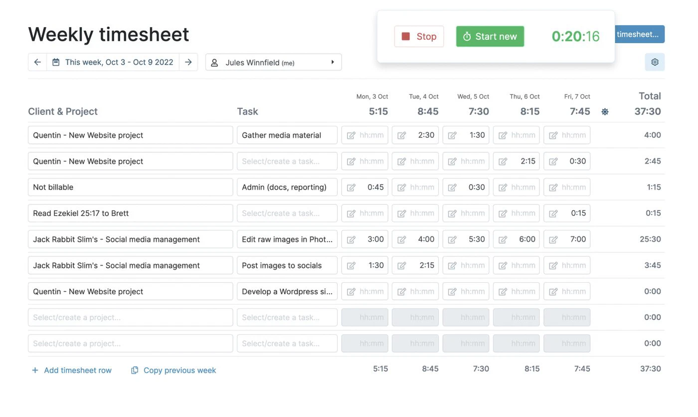 The My Hours weekly timesheet with a running timer, hours per client and project across the week