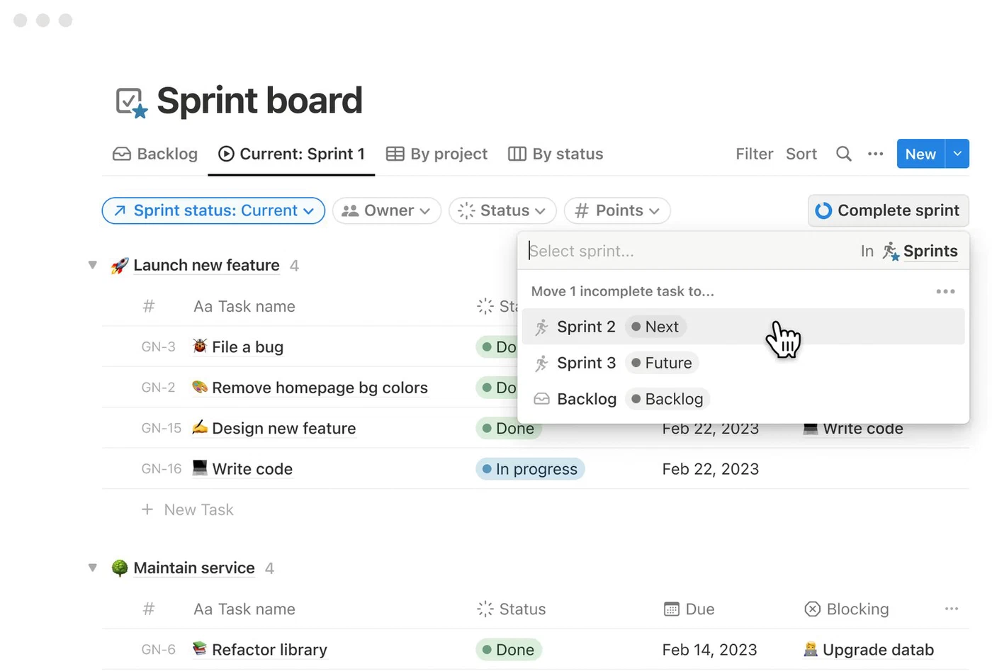 Sprintbord in Notion: taken per sprint met status, deadline en afhankelijkheden
