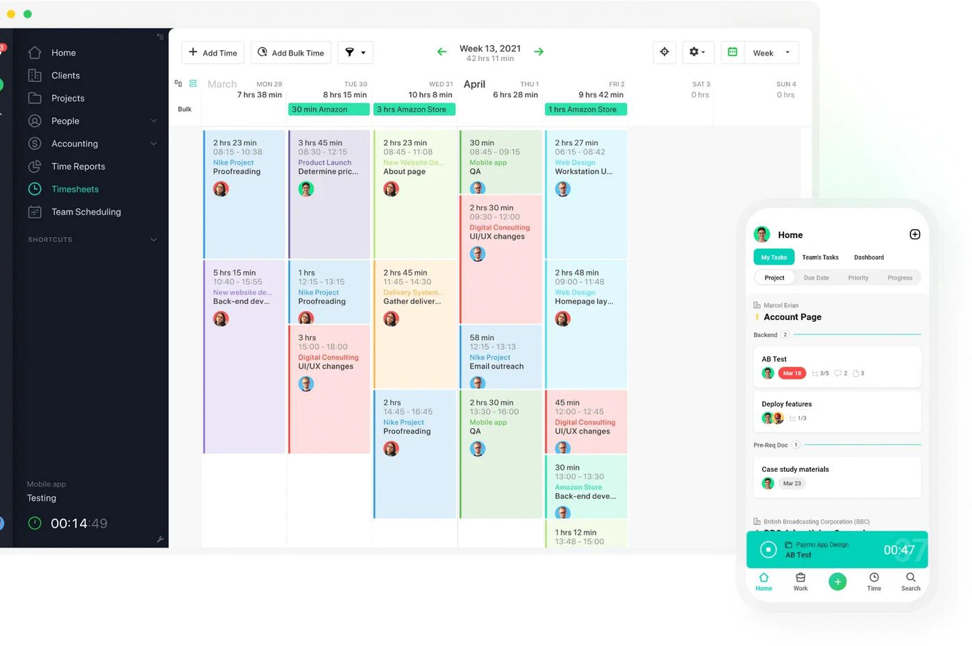 The Paymo timesheet week view: time entries per day per project, with the mobile timer beside it