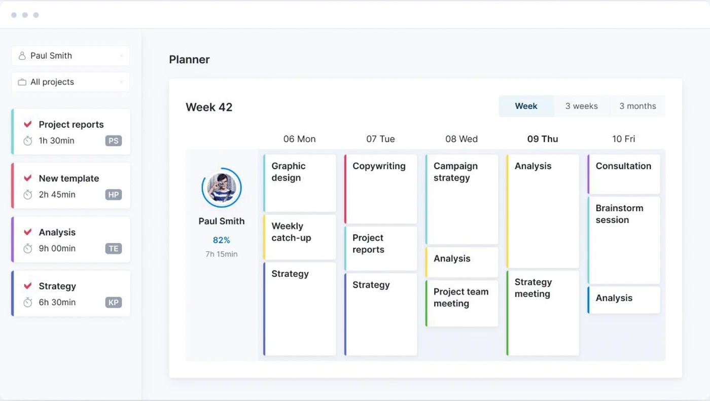 Planner in Scoro: one person's tasks across a week