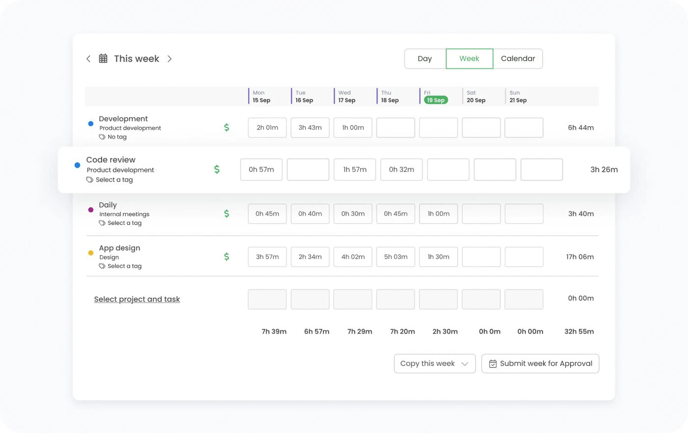 The TimeCamp weekly timesheet: hours per project per day of the week, with the week submitted for approval