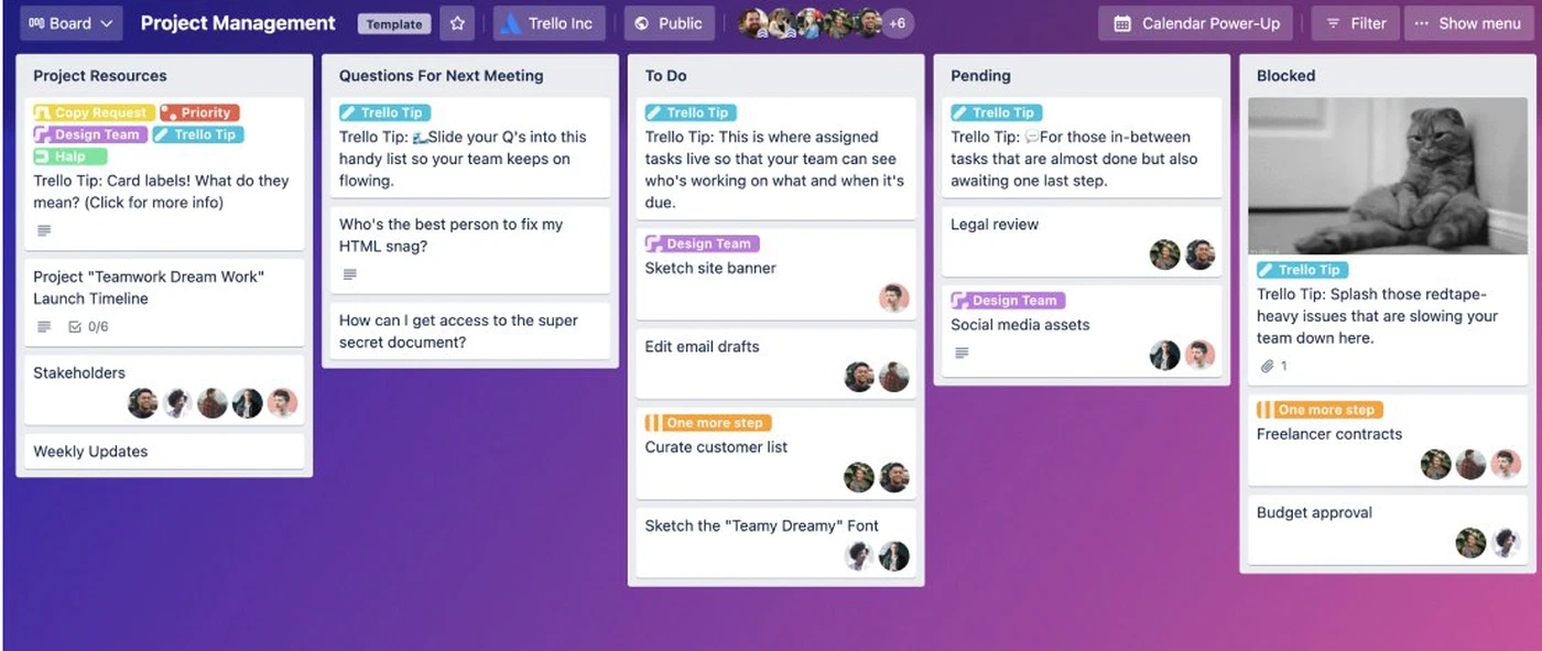 Projectbord in Trello: kaarten per fase, van projectinformatie en To Do tot Pending en Blocked